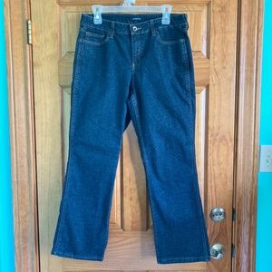 Women’s size 12 Lands’ End gently used dark wash loose fit modest blue jeans